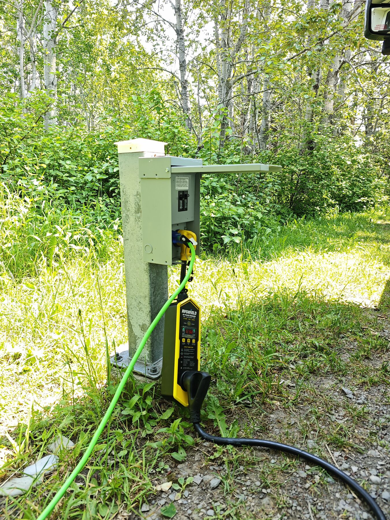 RVShield installed on a green power pedestal at a wooded campsite