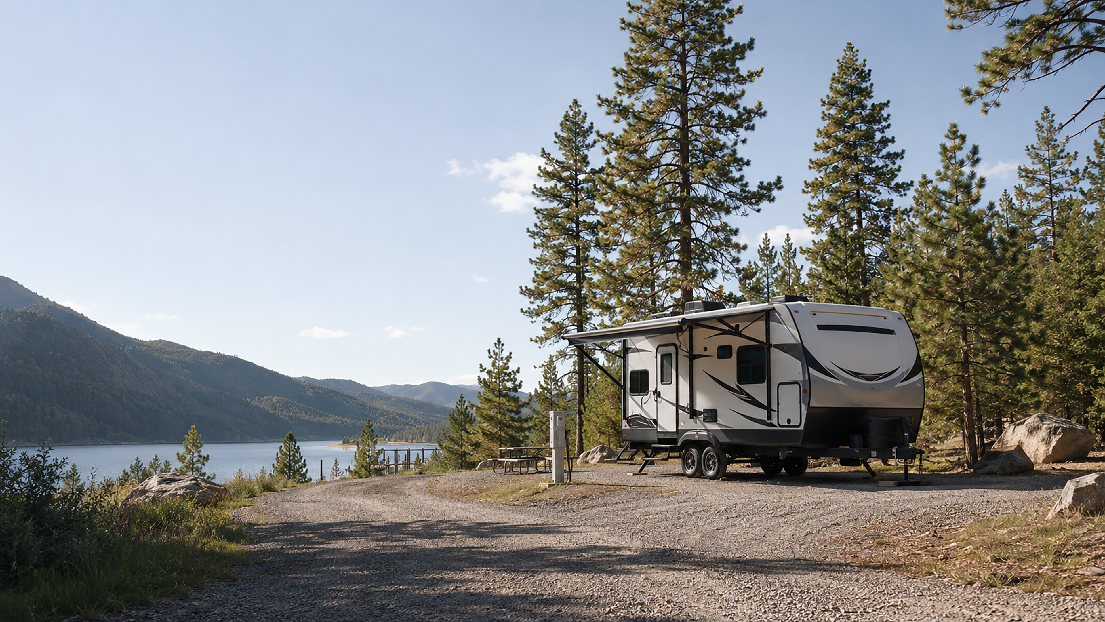 RV parked in a bright forest campground