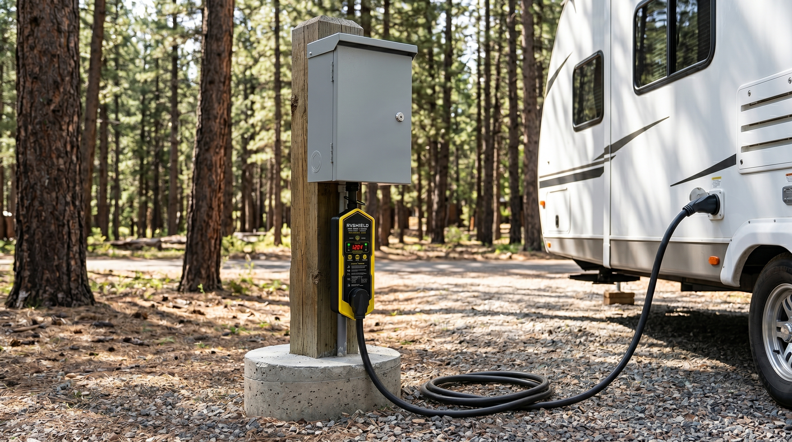 RVShield connected at a pine forest campground