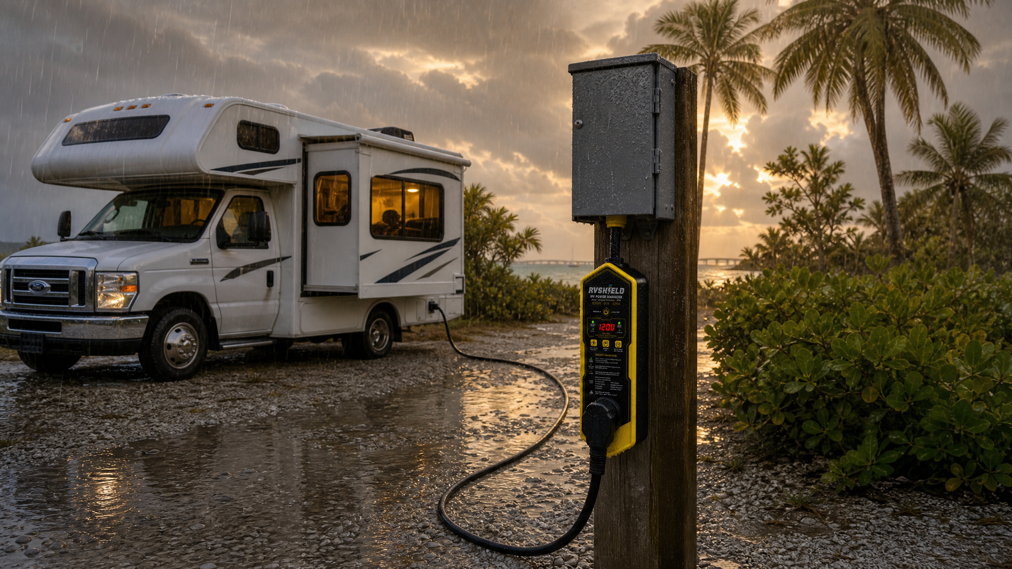 RVShield protecting a motorhome connection during heavy rain