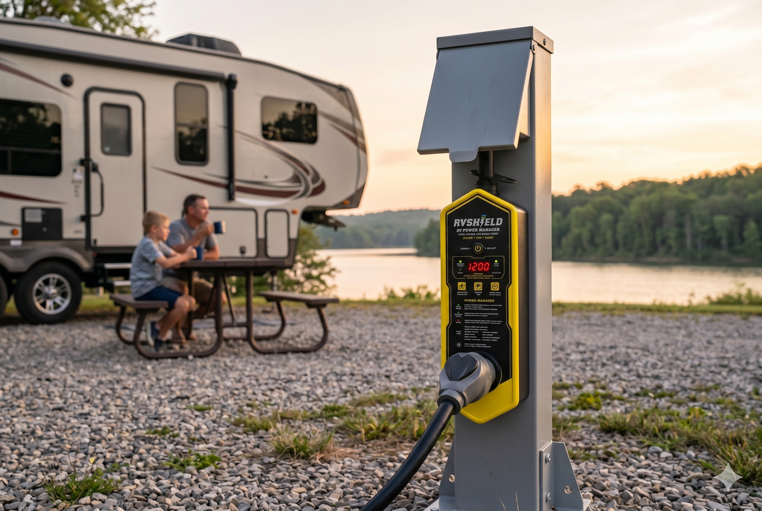 RVShield installed on a campground power pedestal beside an RV