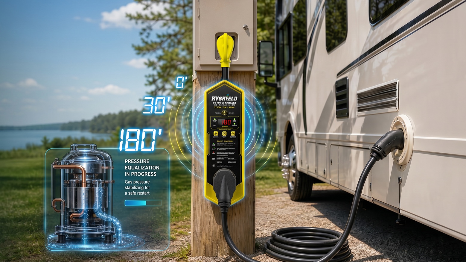 RVShield adjustable zero, thirty, and one hundred eighty second air-conditioner delay at a campsite