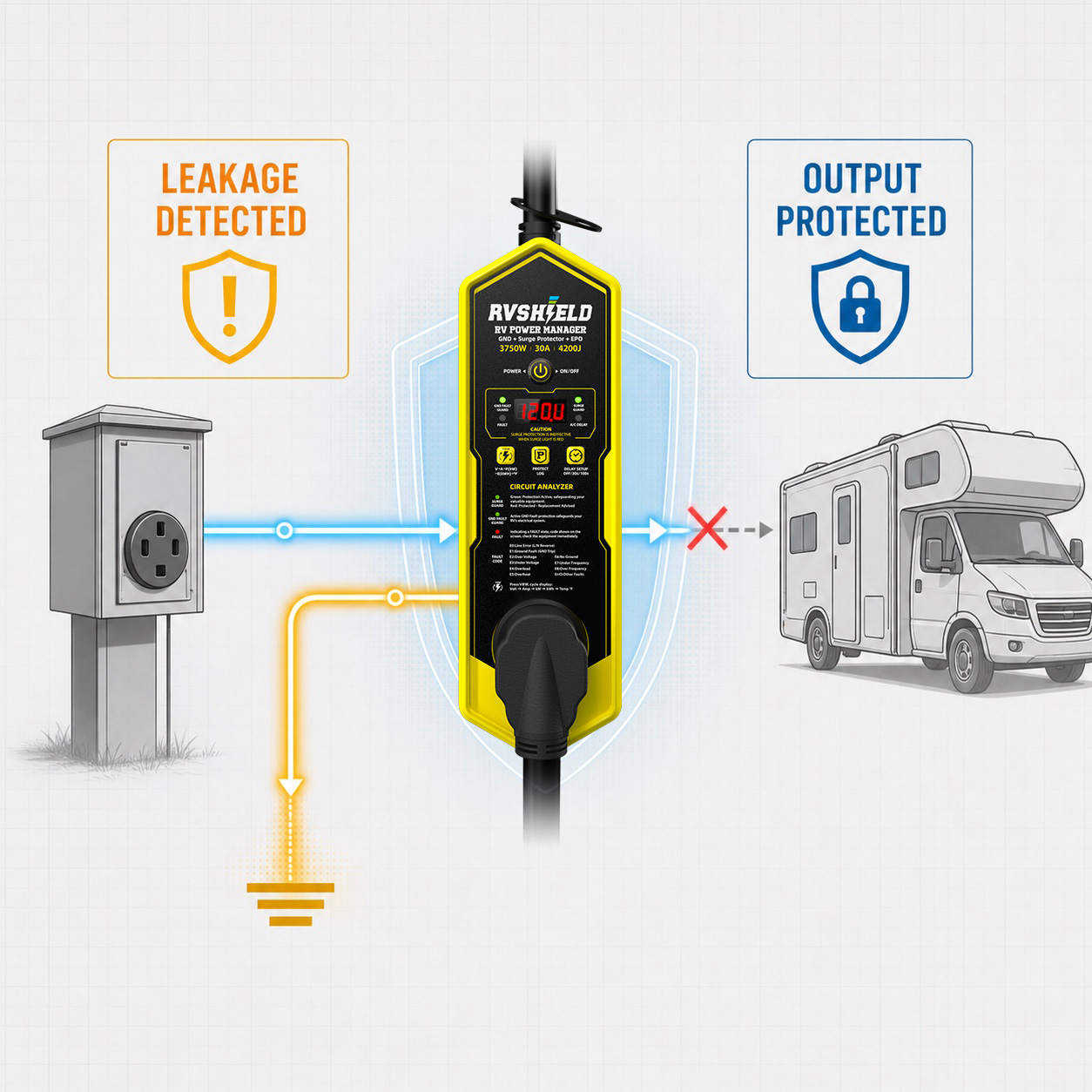 Diagram showing RVShield detecting leakage current to ground and protecting RV output