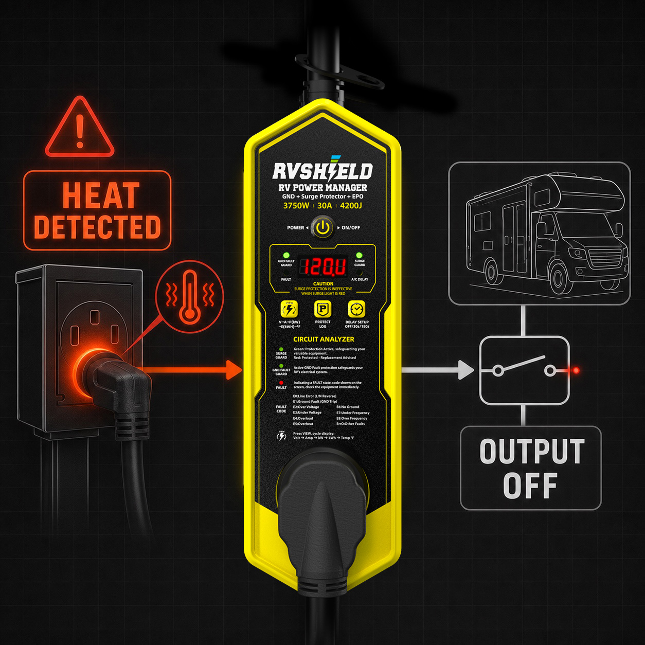 Diagram showing RVShield detecting an overheated connection and interrupting RV output